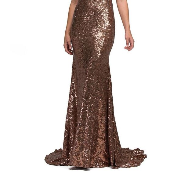 Abby Paris by Lucci Lu Long Sexy Bronze Sequin/rhinestone Deep V Gown Dress Sz 4 - Picture 3 of 14